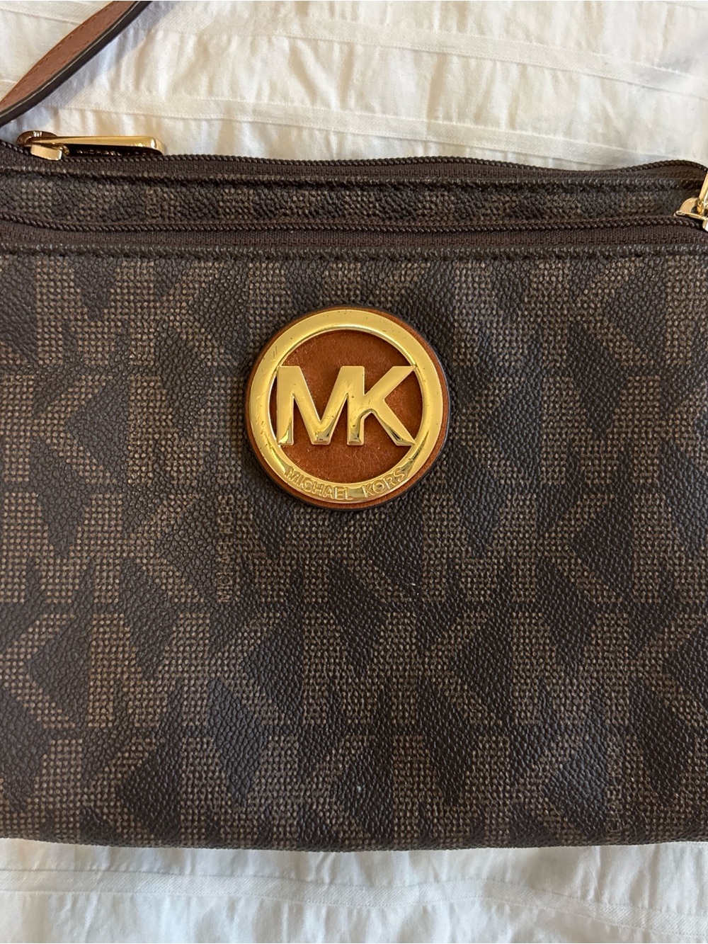Michael Kors Dark Brown Signature MK Crossbody with Gold Logo - Picture 3 of 4